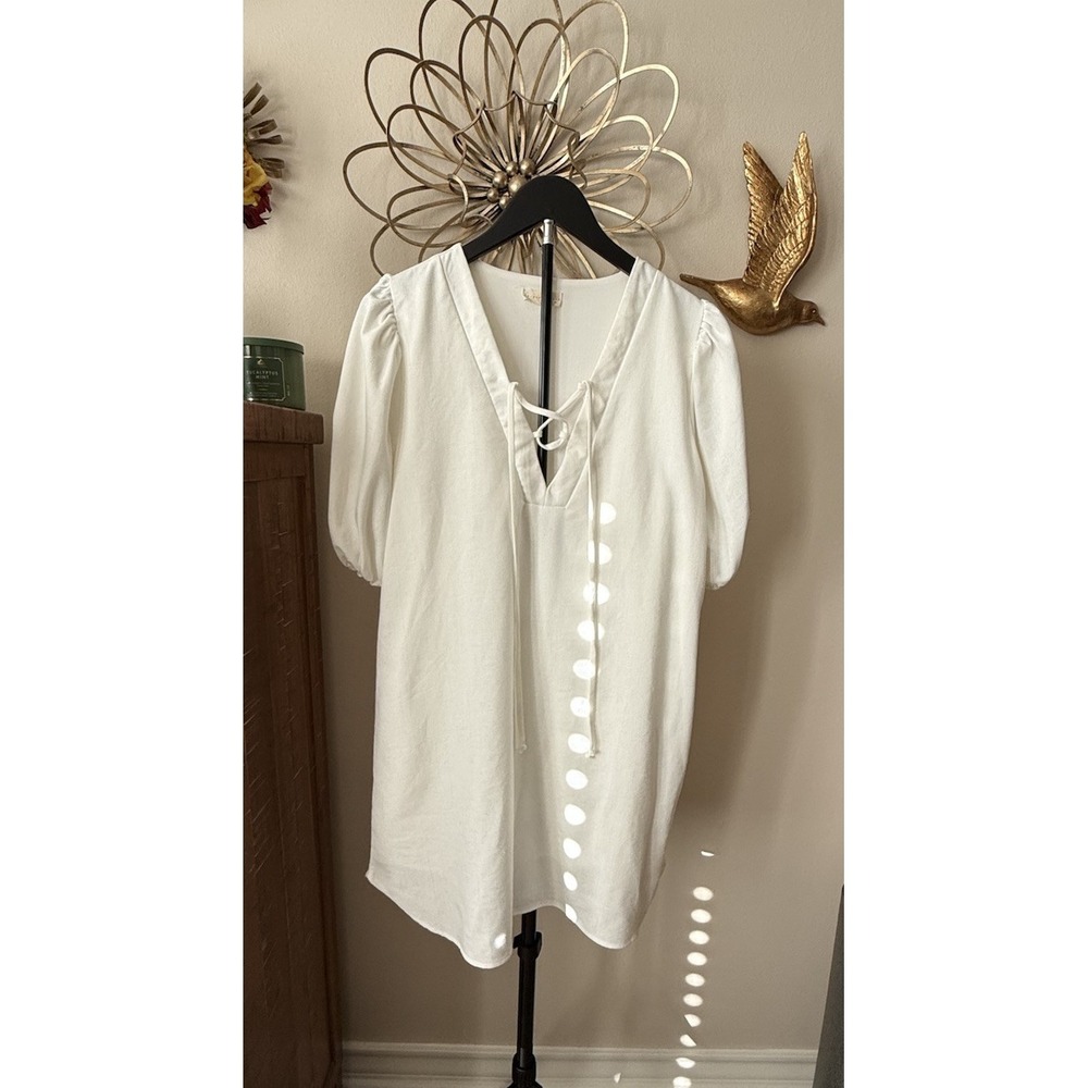 Chrysanthemum Linen Blend Mini Dress Women M Ivory Puff Sleeve Lace Up Cottage